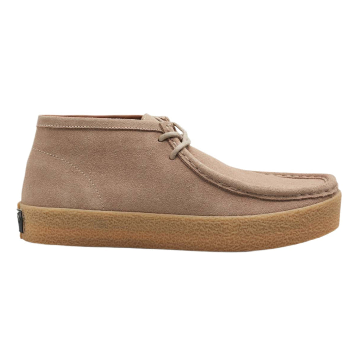 A brown suede Moc-toe style shoe with a lace-up closure and a flat sole.
